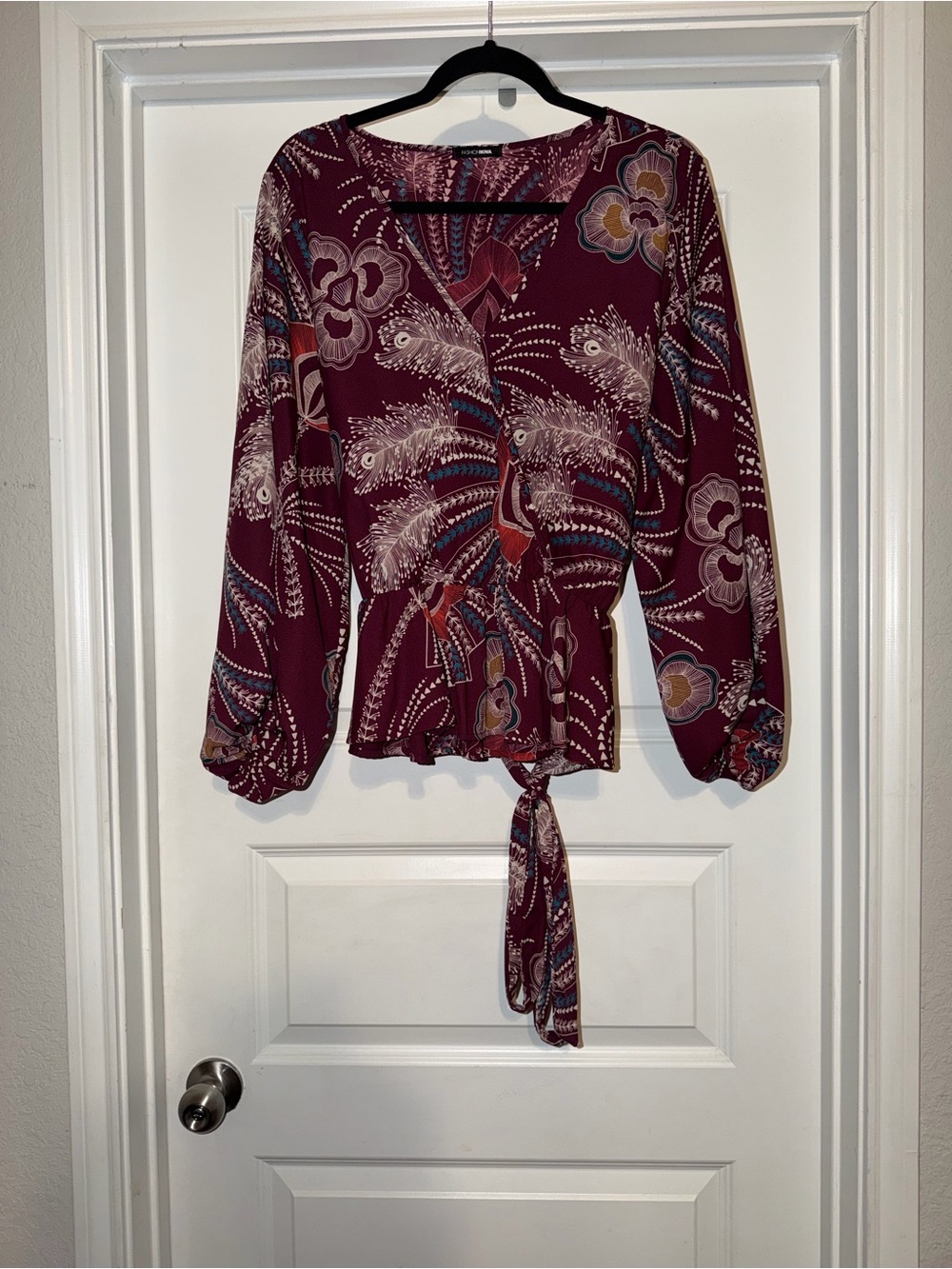 Fashion Nova Burgundy Floral Tie-Front Wrap Blouse